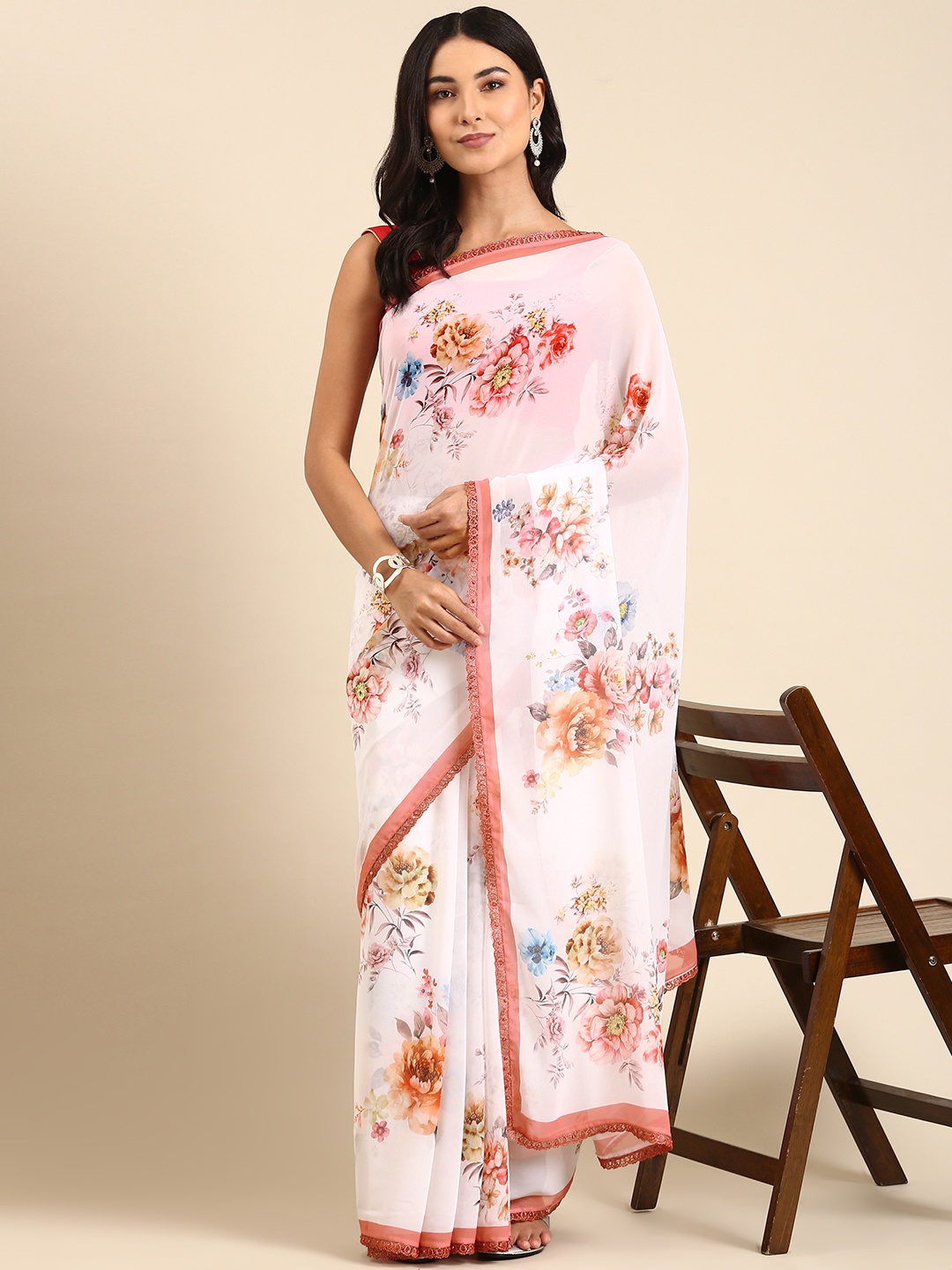 

Rani Saahiba White & Peach-Coloured Floral Saree