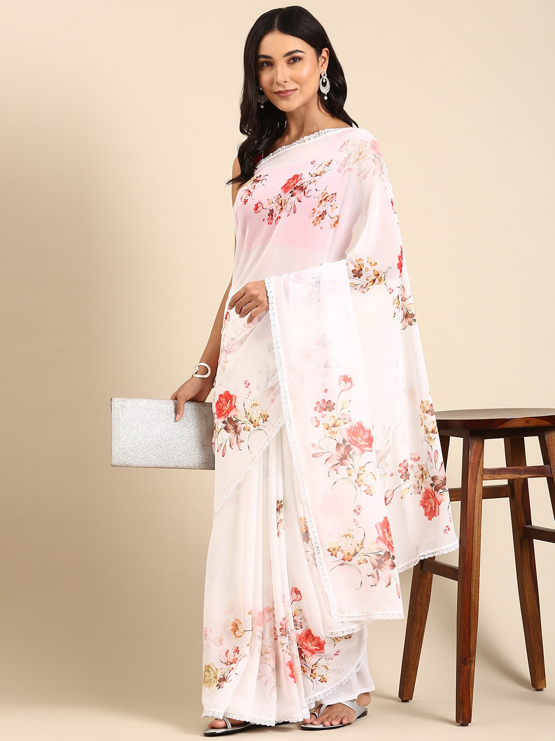 

Rani Saahiba Floral Printed Poly Georgette Saree, White