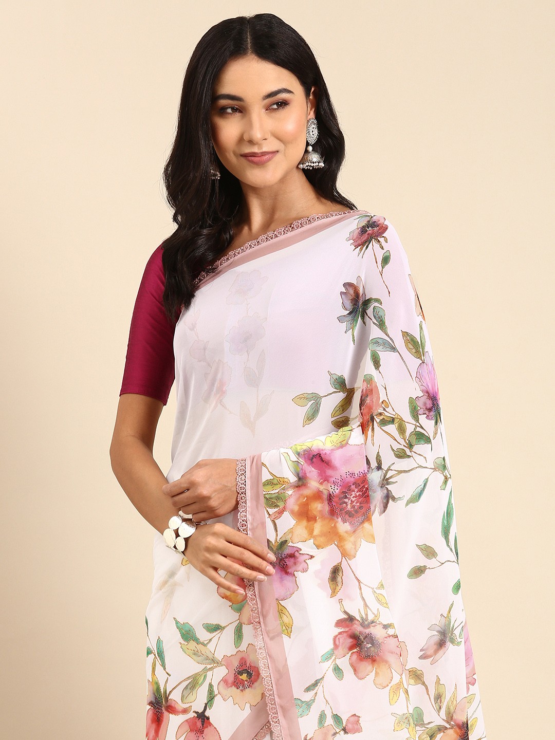 

Rani Saahiba White & Pink Floral Saree