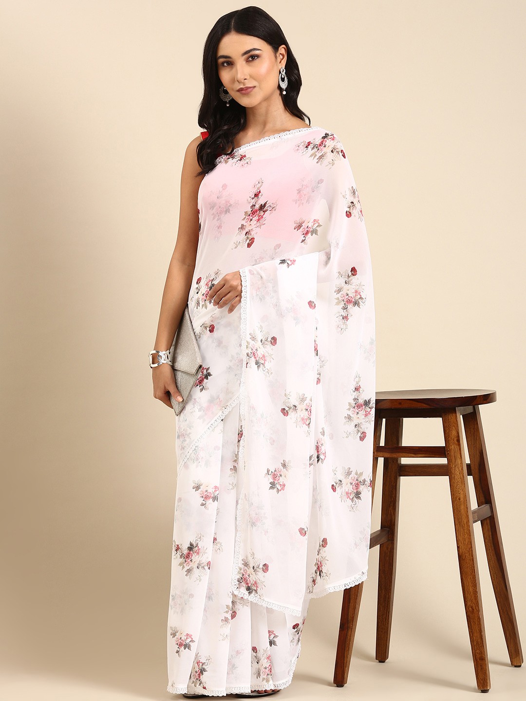 

Rani Saahiba White & Pink Floral Saree