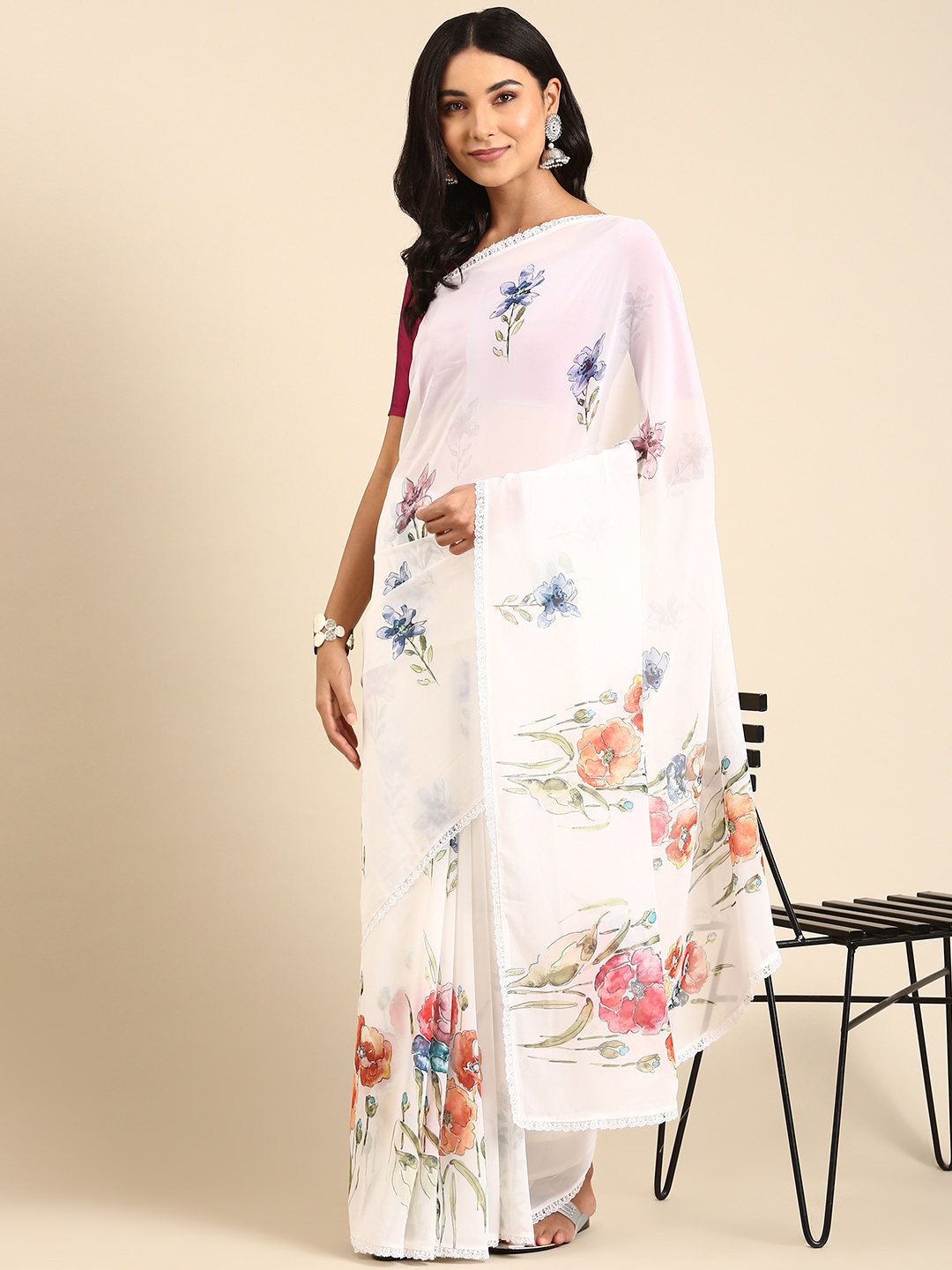 

Rani Saahiba White & Blue Floral Saree