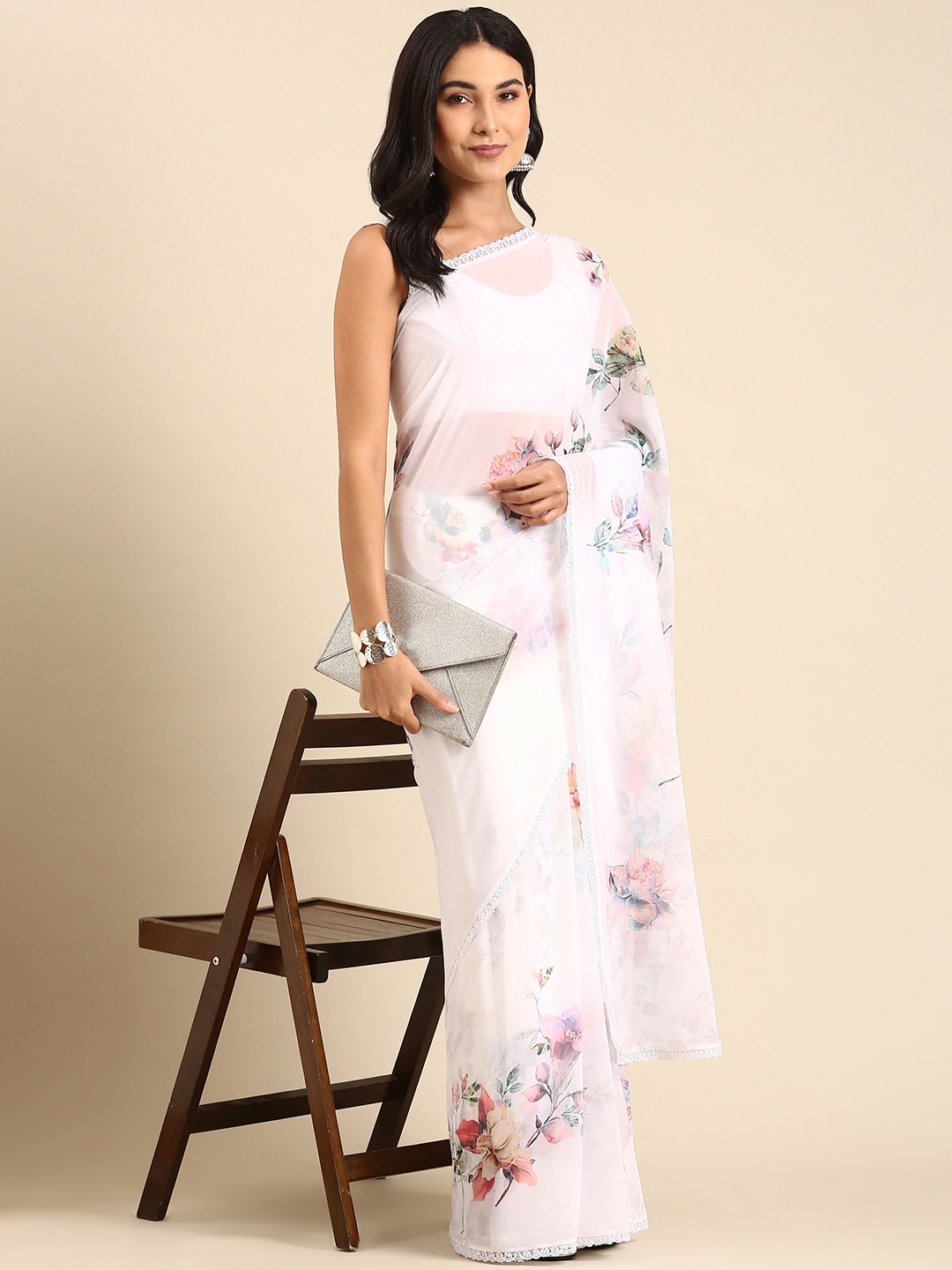 

Rani Saahiba White & Pink Floral Saree