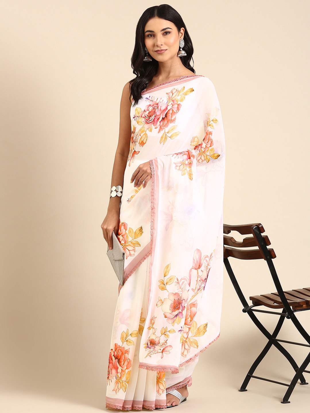 

Rani Saahiba White & Pink Floral Saree