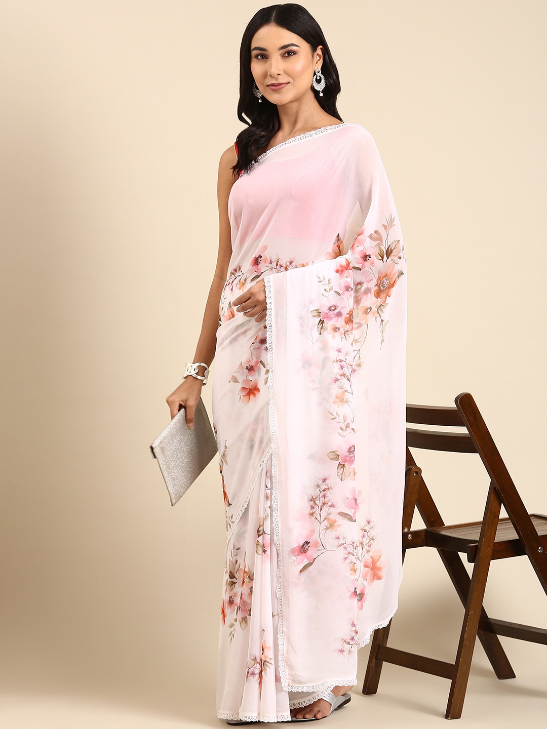 

Rani Saahiba White & Pink Floral Saree