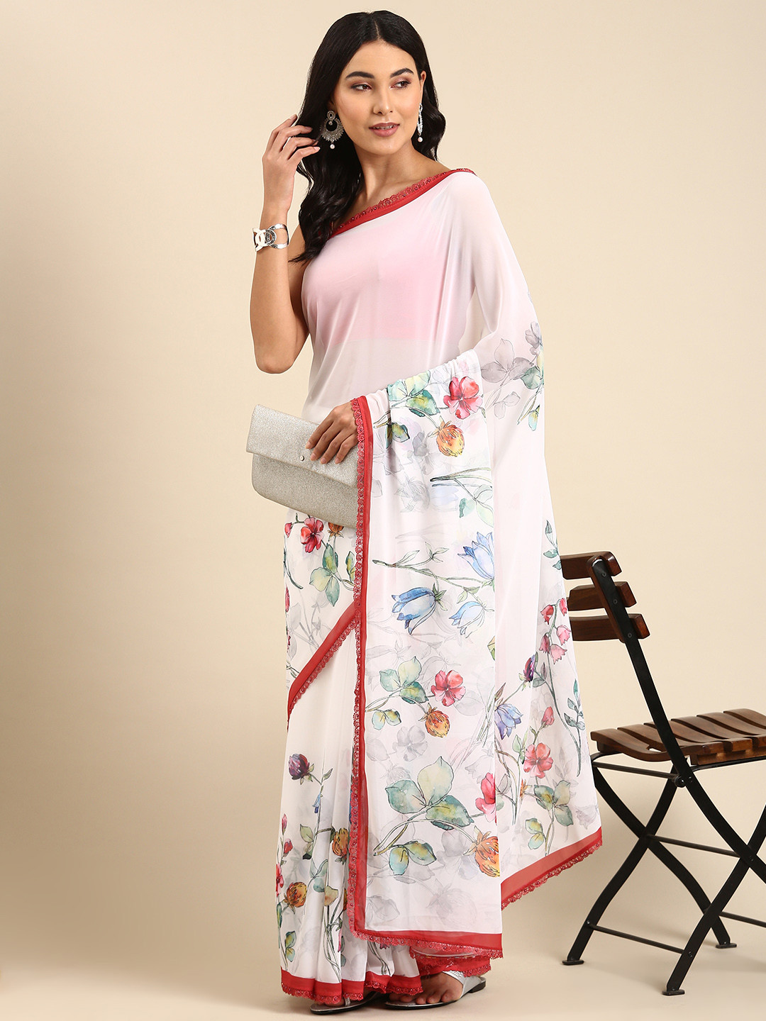 

Rani Saahiba Floral Printed Poly Georgette Saree, White