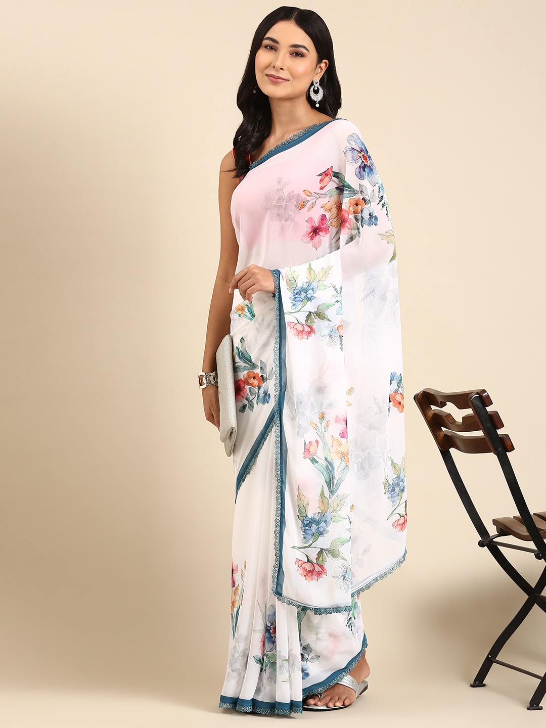 

Rani Saahiba Floral Printed Poly Georgette Saree, White