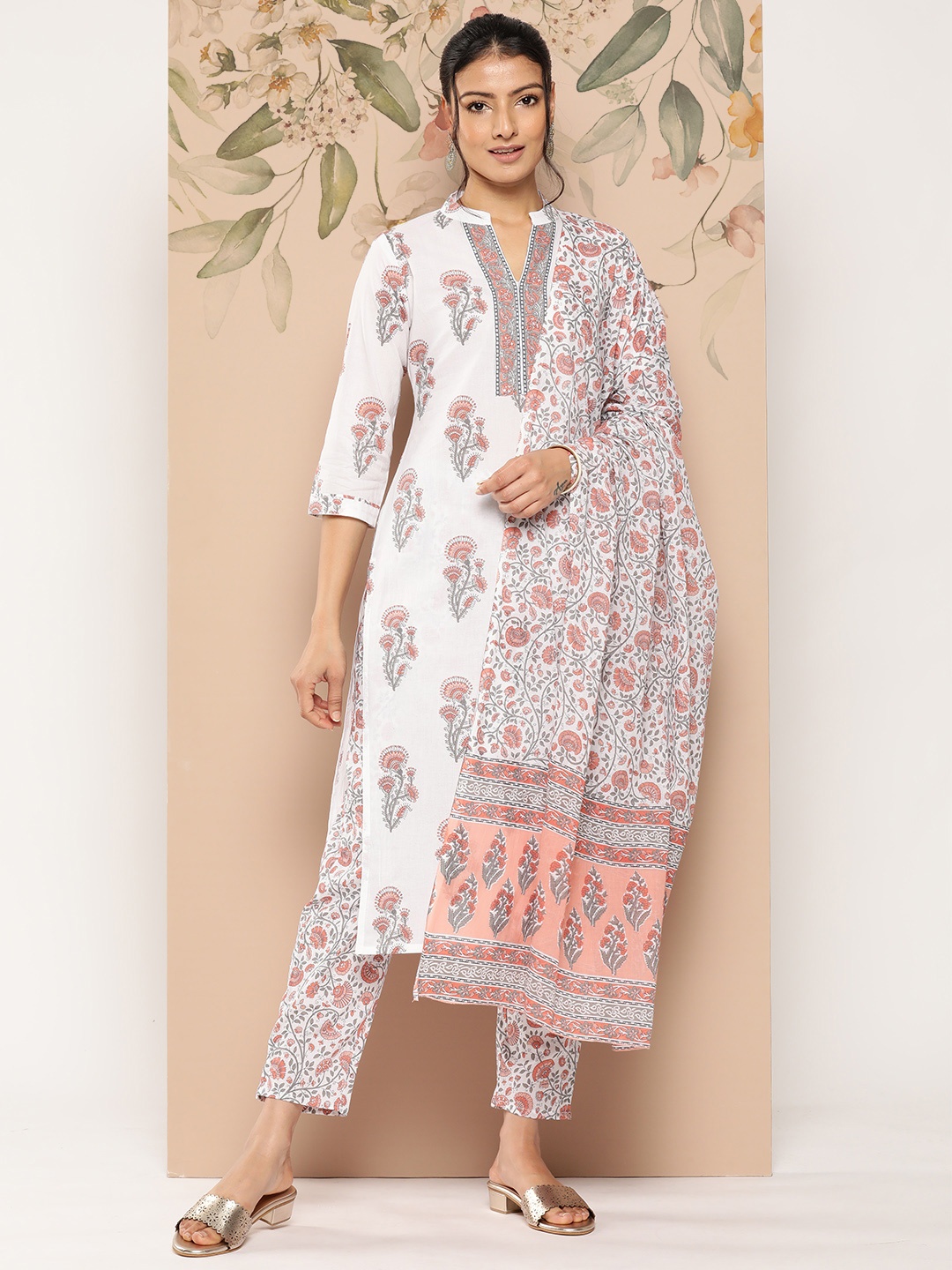 

Yufta Floral Printed Pure Cotton Kurta With Trousers & With Dupatta, White