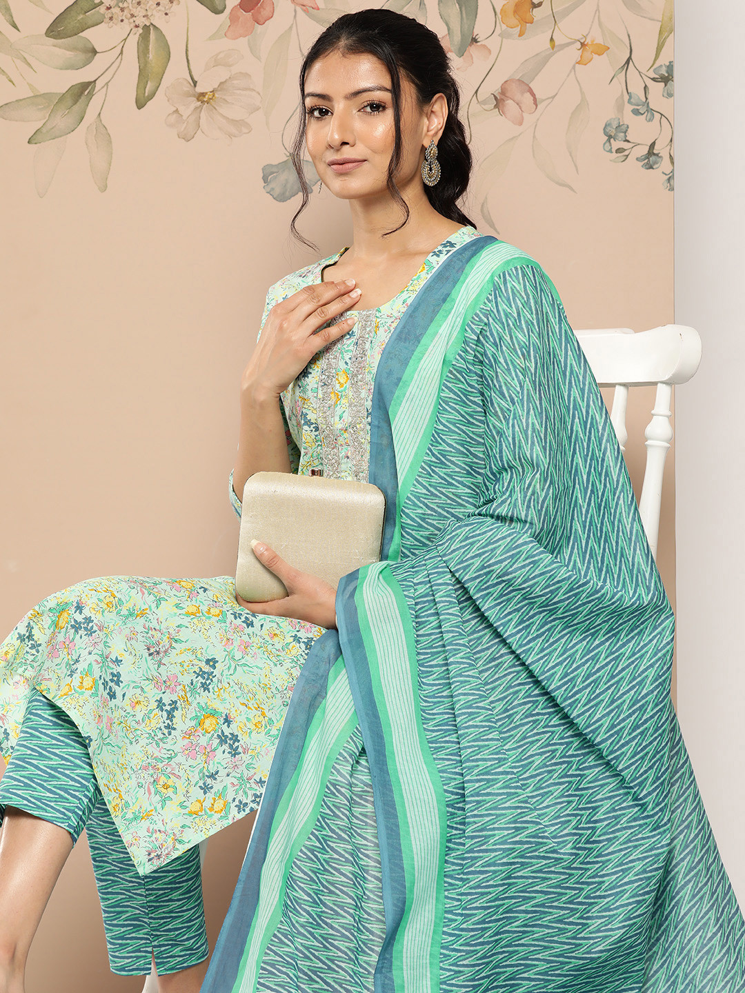 

Yufta Floral Printed Thread Work Pure Cotton Kurta With Trousers & With Dupatta, Multi