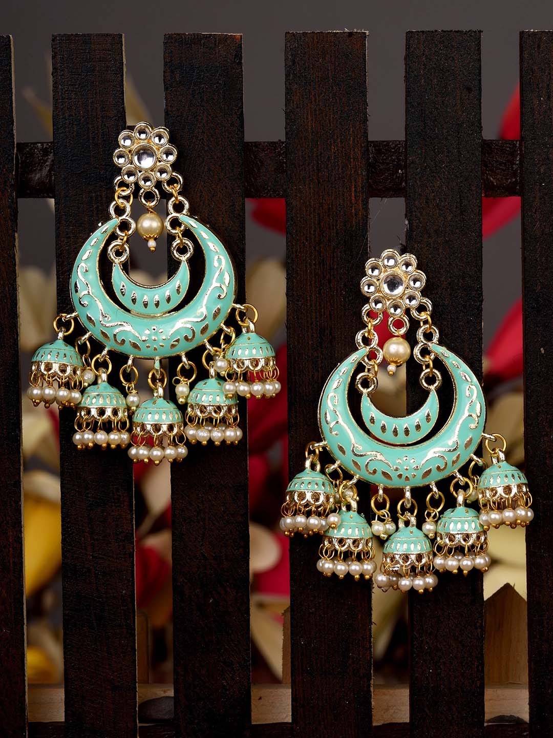 

Saraf RS Jewellery Gold Plated Classic Chandbalis Earrings, Sea green