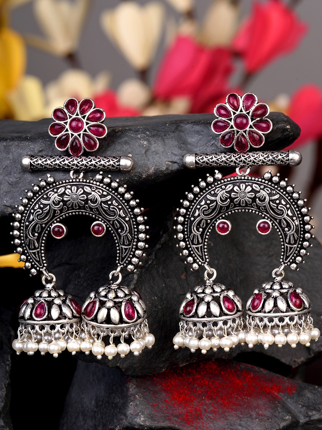 

Saraf RS Jewellery Silver-Plated Classic Jhumkas Earrings, Red