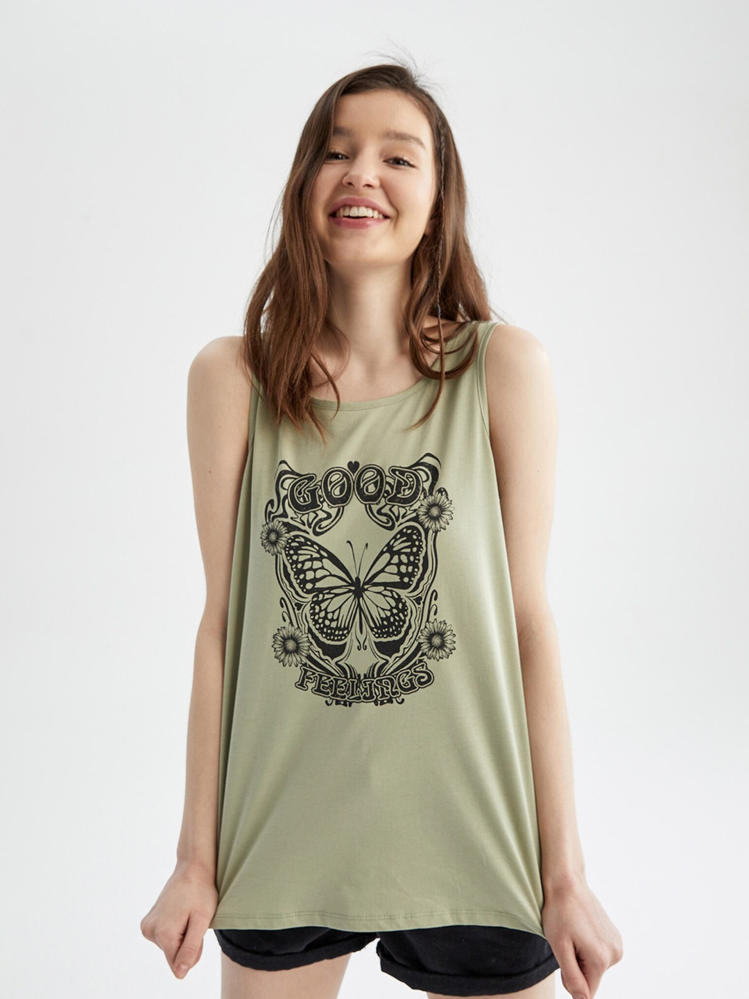 

DeFacto Graphic Printed Knitted Tank Top, Khaki