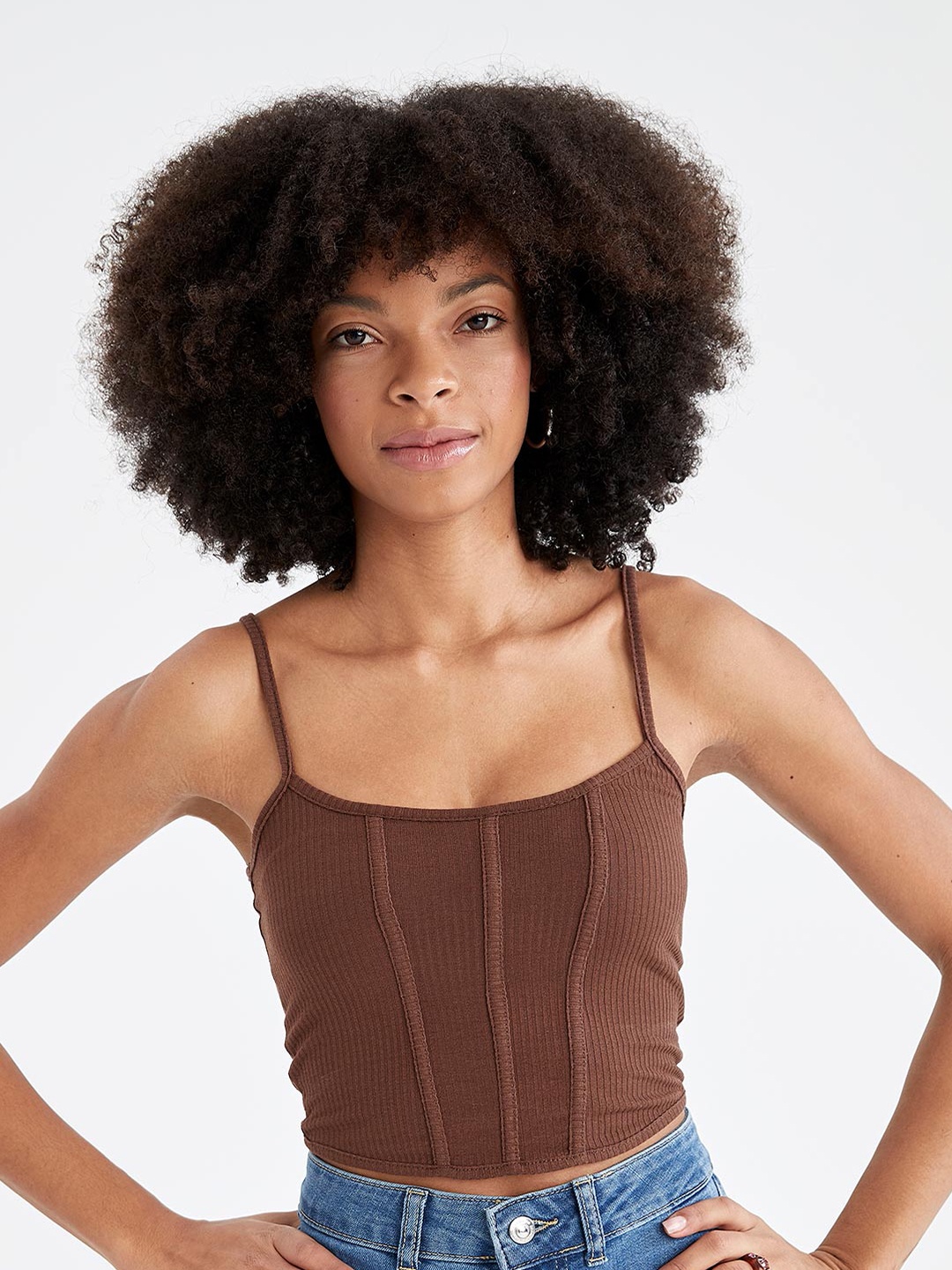 

DeFacto Shoulder Straps Fitted Crop Top, Brown