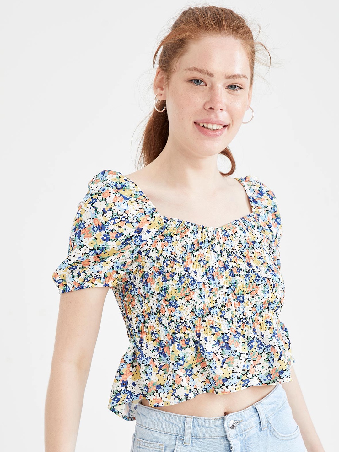 

DeFacto Sweetheart Neck Floral Printed Crop Top, Blue