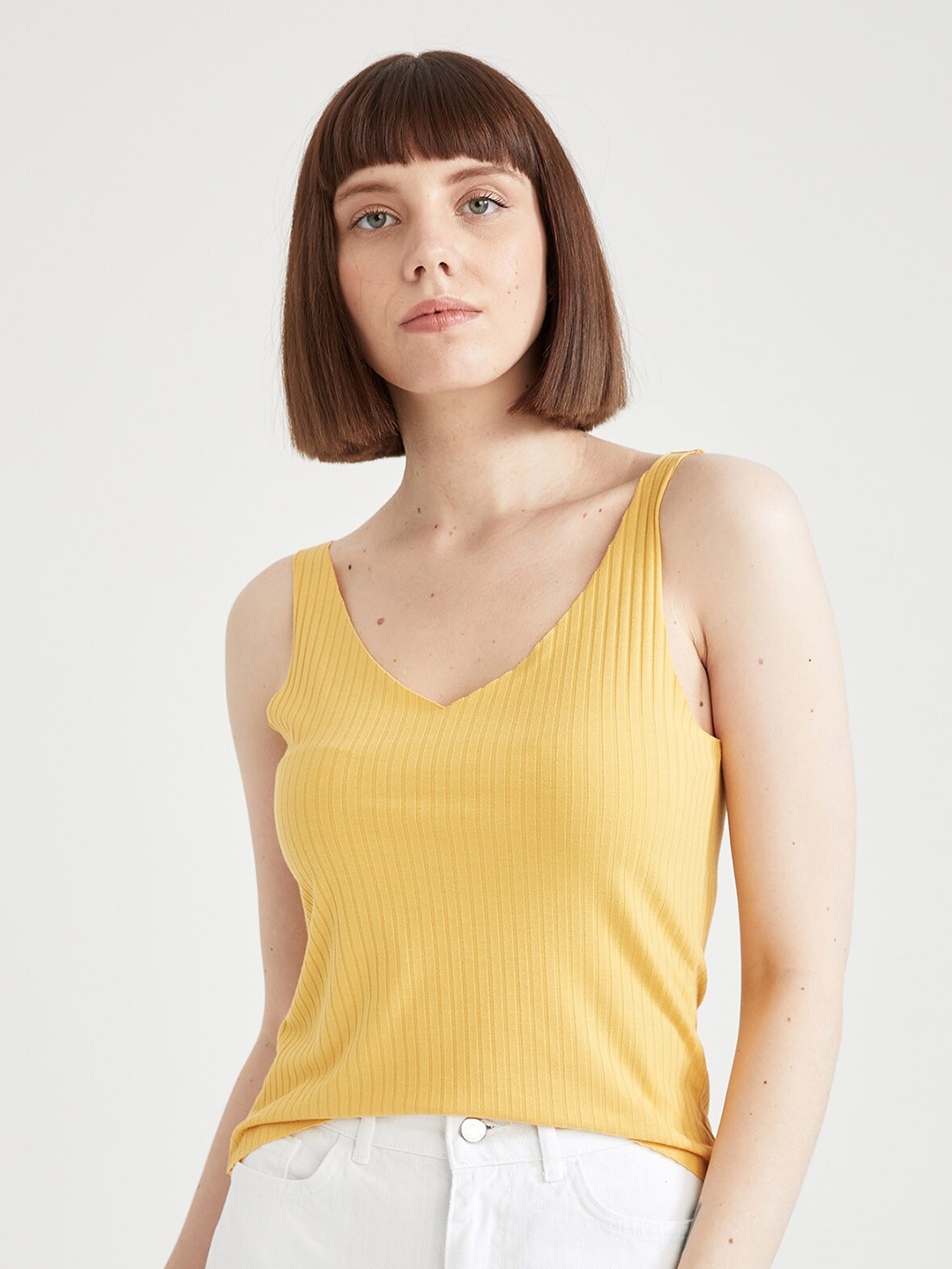 

DeFacto V-Neck Striped Top, Yellow