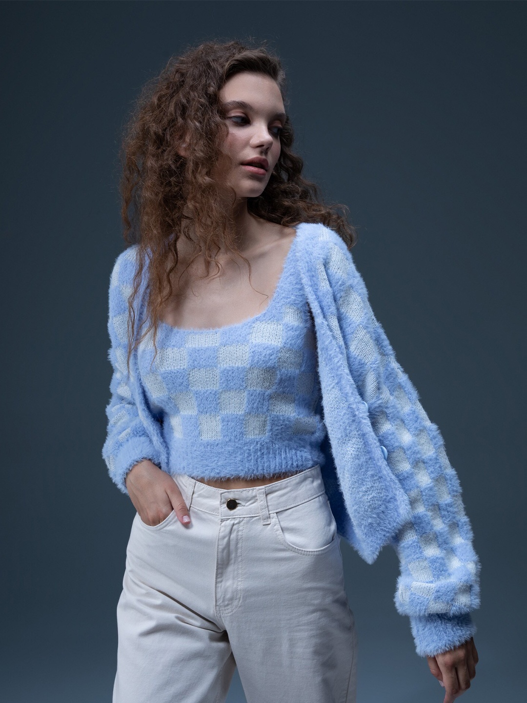 

DeFacto Checked Faux Fur Trims Crop Top, Blue