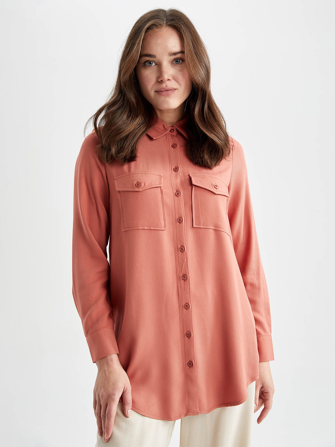 

DeFacto Viscose Rayon Shirt Collar Tunic, Pink