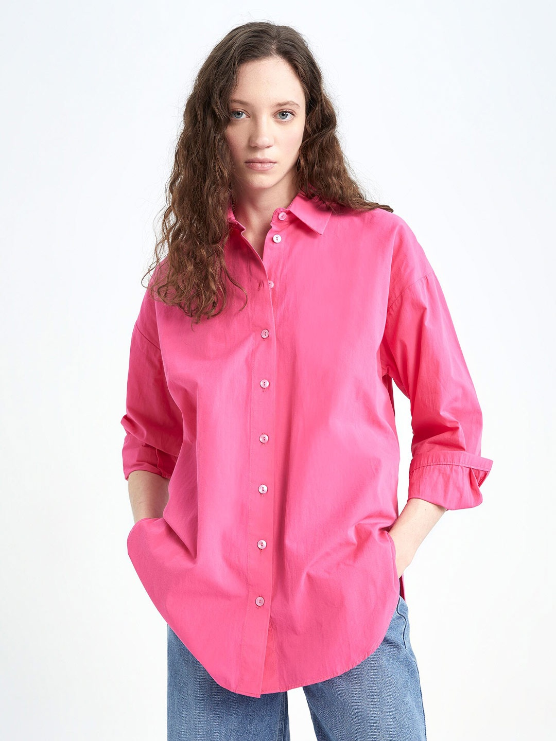 

DeFacto Spread Collar Pure Cotton Casual Shirt, Fuchsia