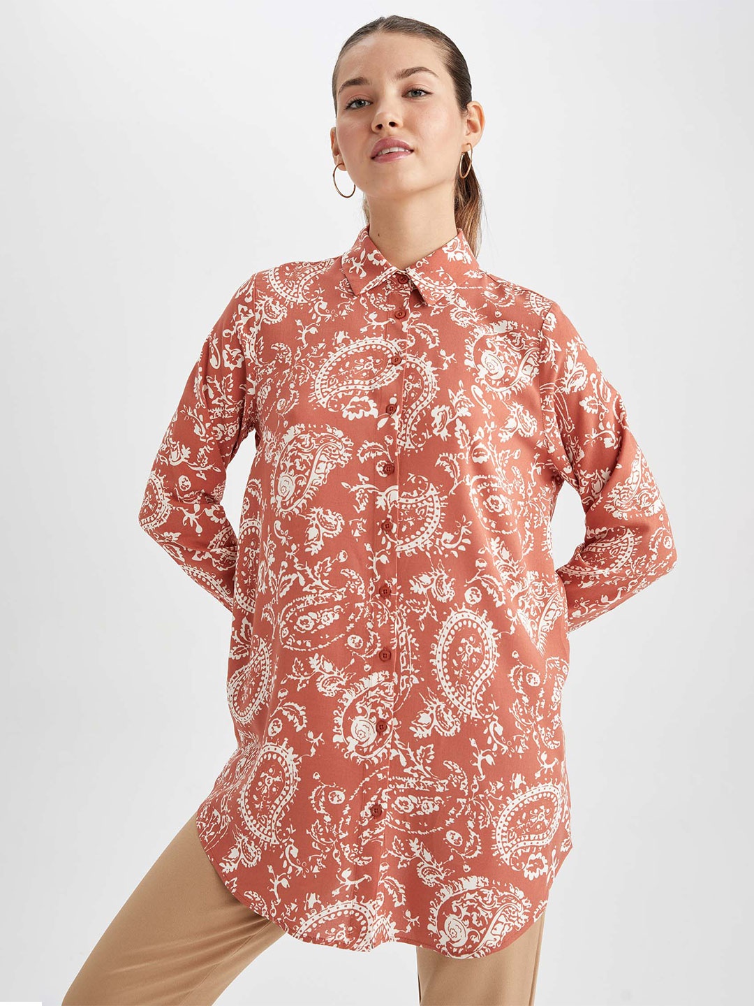 

DeFacto Ethnic Motif Printed Longline Casual Shirt, Rust