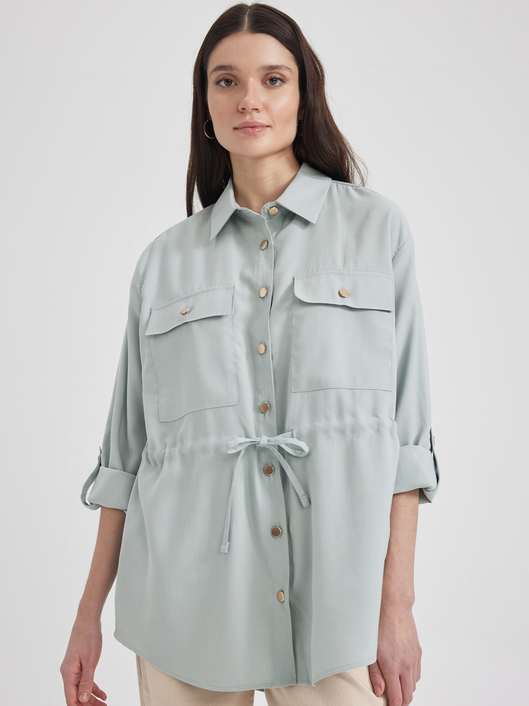 

DeFacto Tie-Up Longline Casual Shirt, Blue