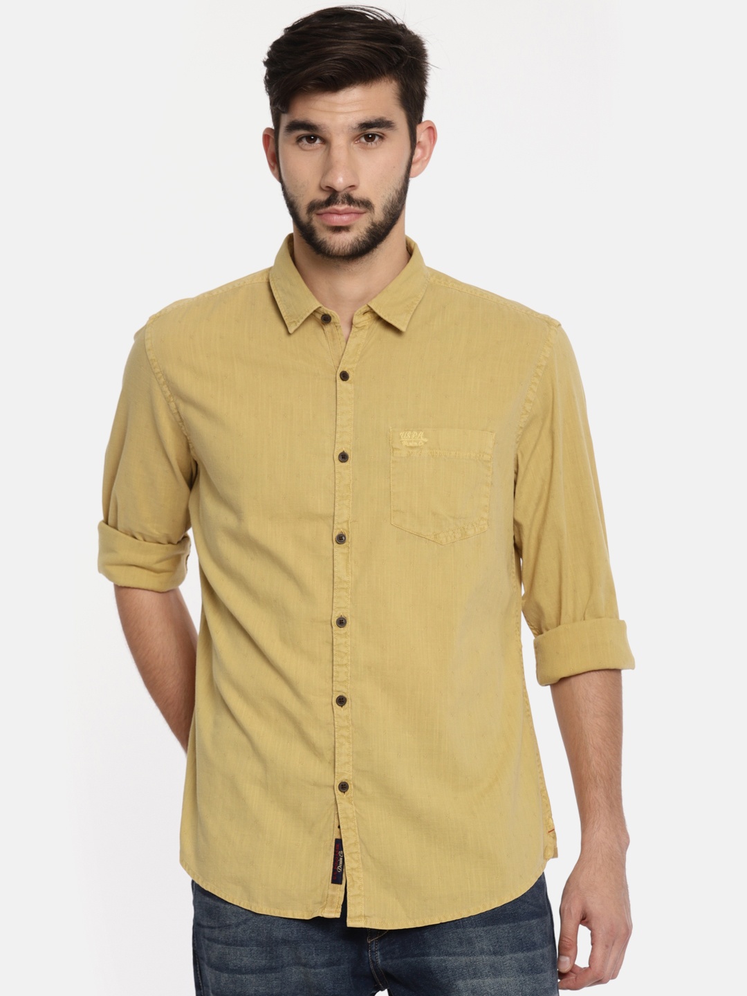 

U.S. Polo Assn. Denim Co. Men Khaki Regular Fit Self-Design Casual Shirt