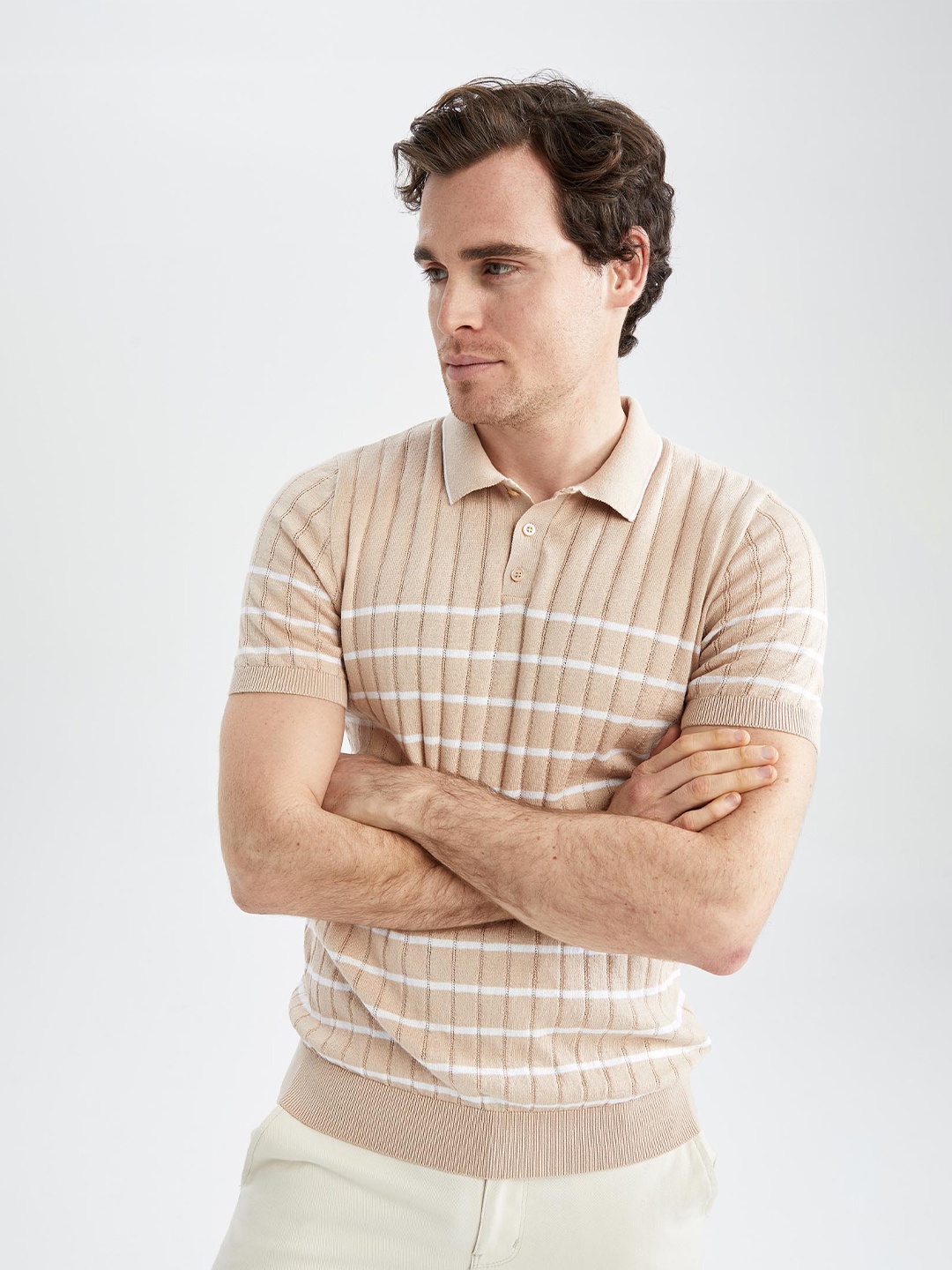 

DeFacto Men Striped Polo Collar Pure Cotton T-shirt, Beige