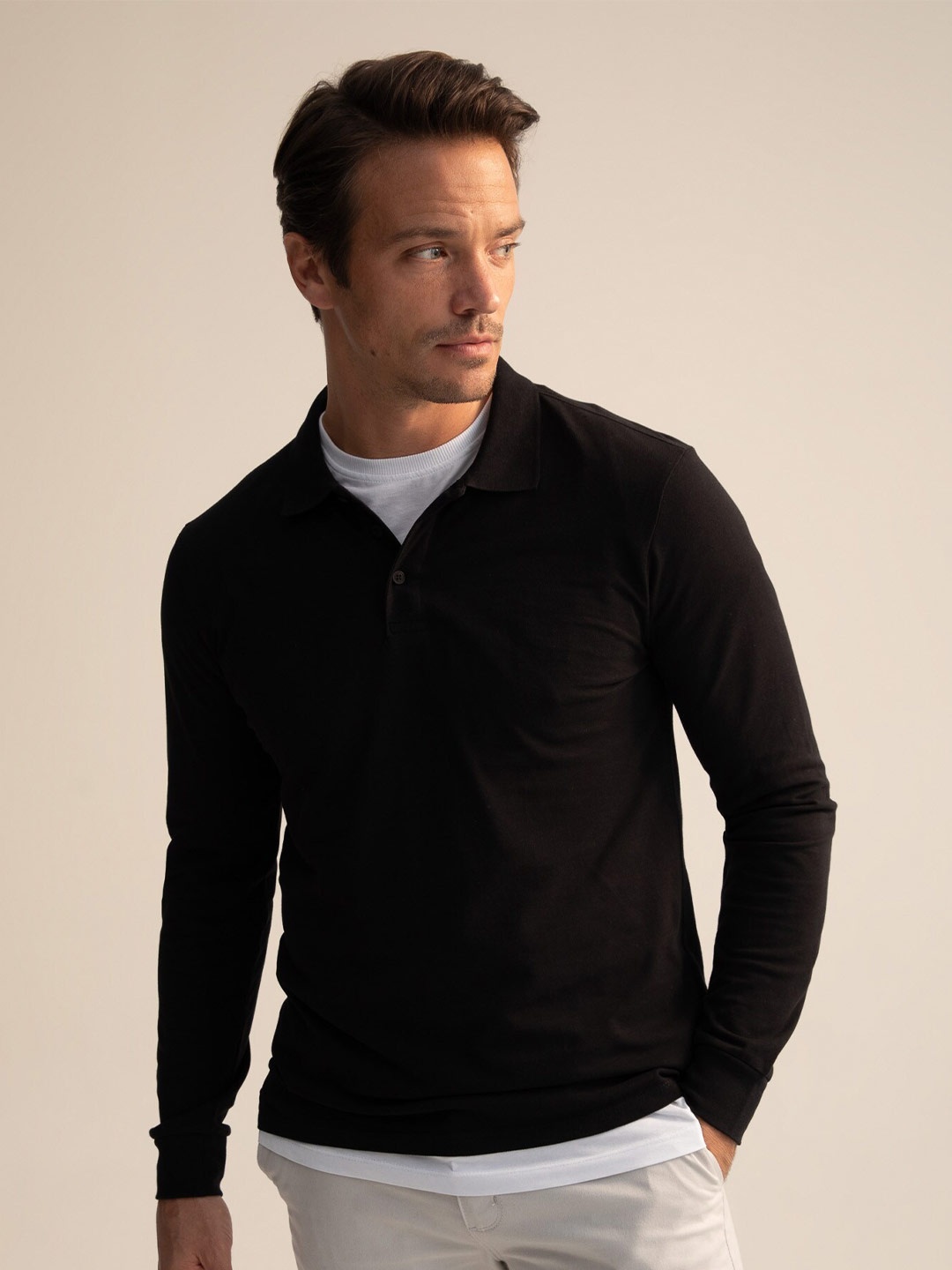 

DeFacto Polo Collar Long Sleeves Cotton T-shirt, Black