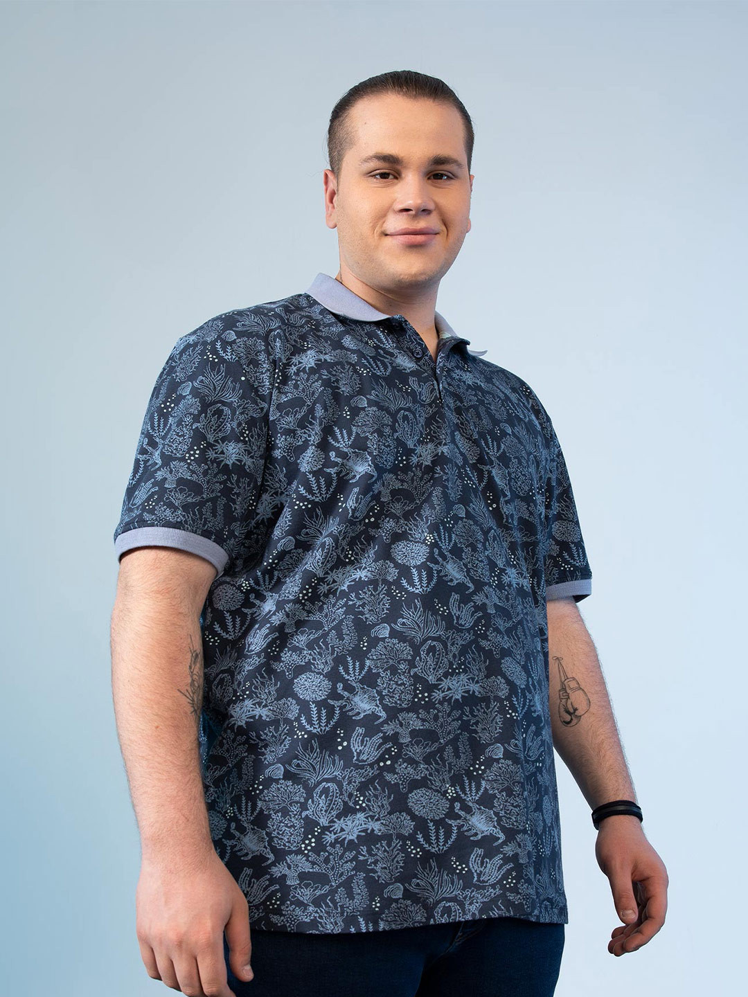 

DeFacto Men Plus Size Conversational Printed Polo Collar Pure Cotton T-shirt, Navy blue