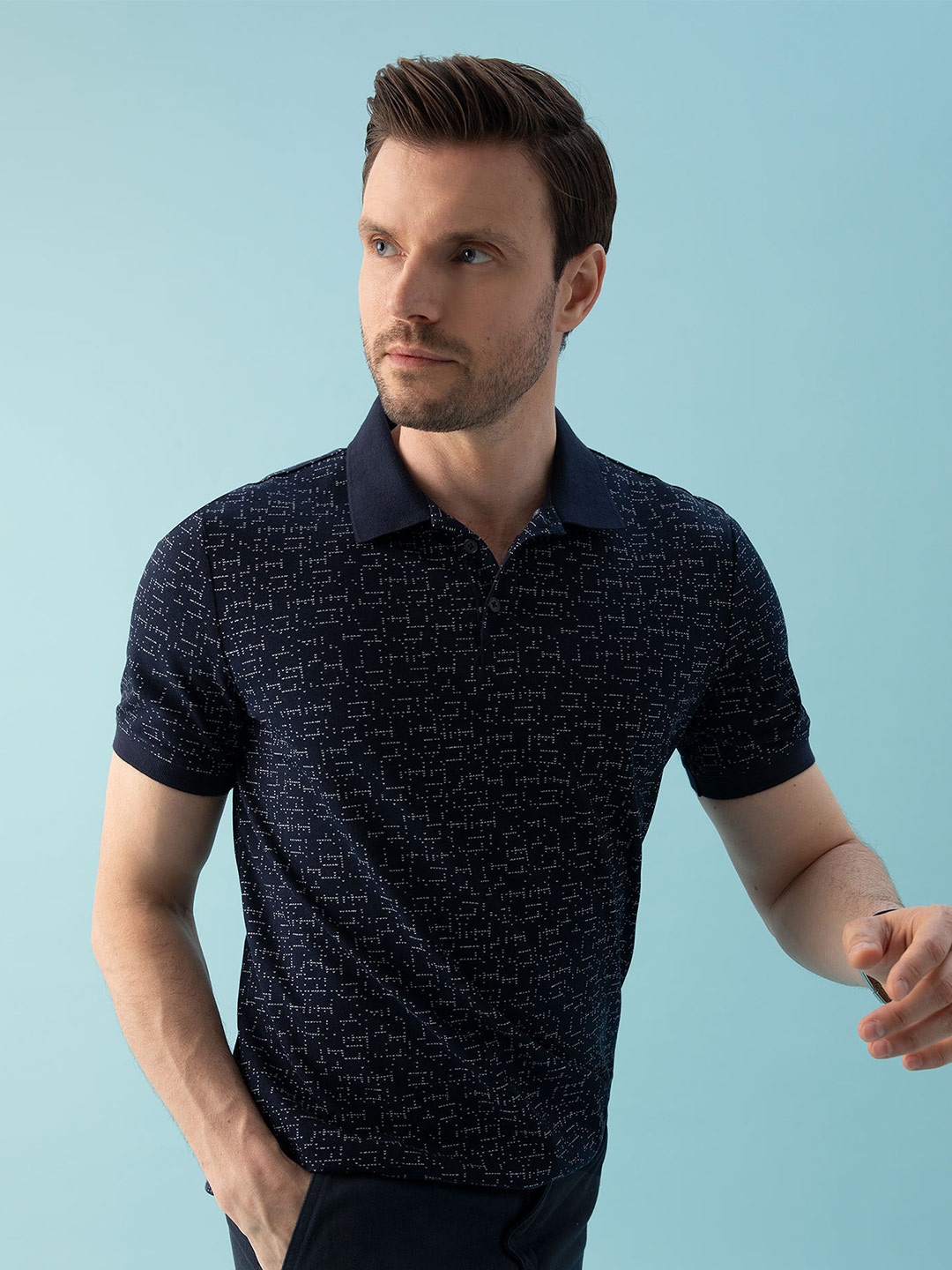 

DeFacto Geometric Printed Polo Collar Pure Cotton T-shirt, Navy blue