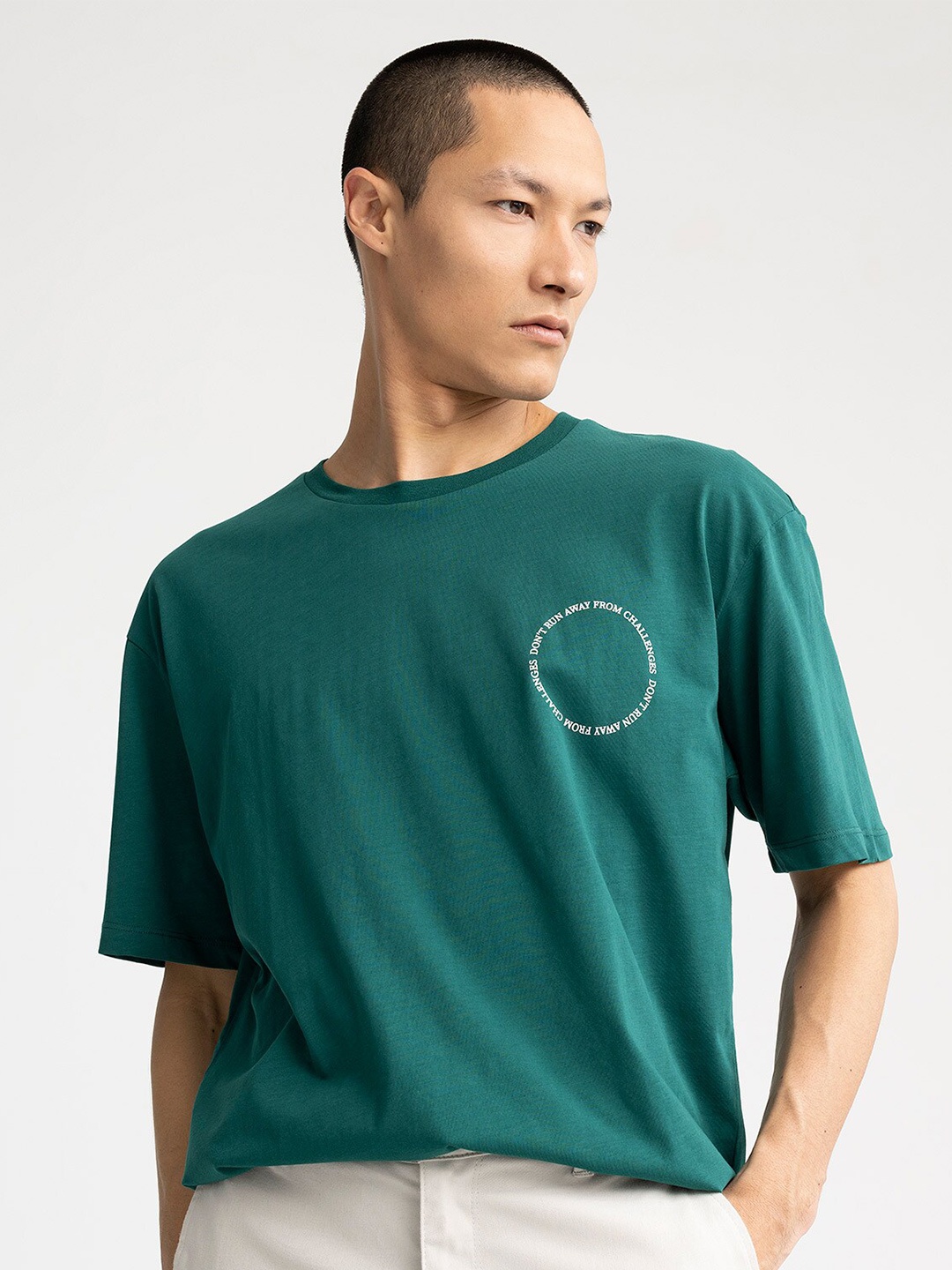 

DeFacto Men Typography Printed Pure Cotton Oversize Fitted T-shirt, Green