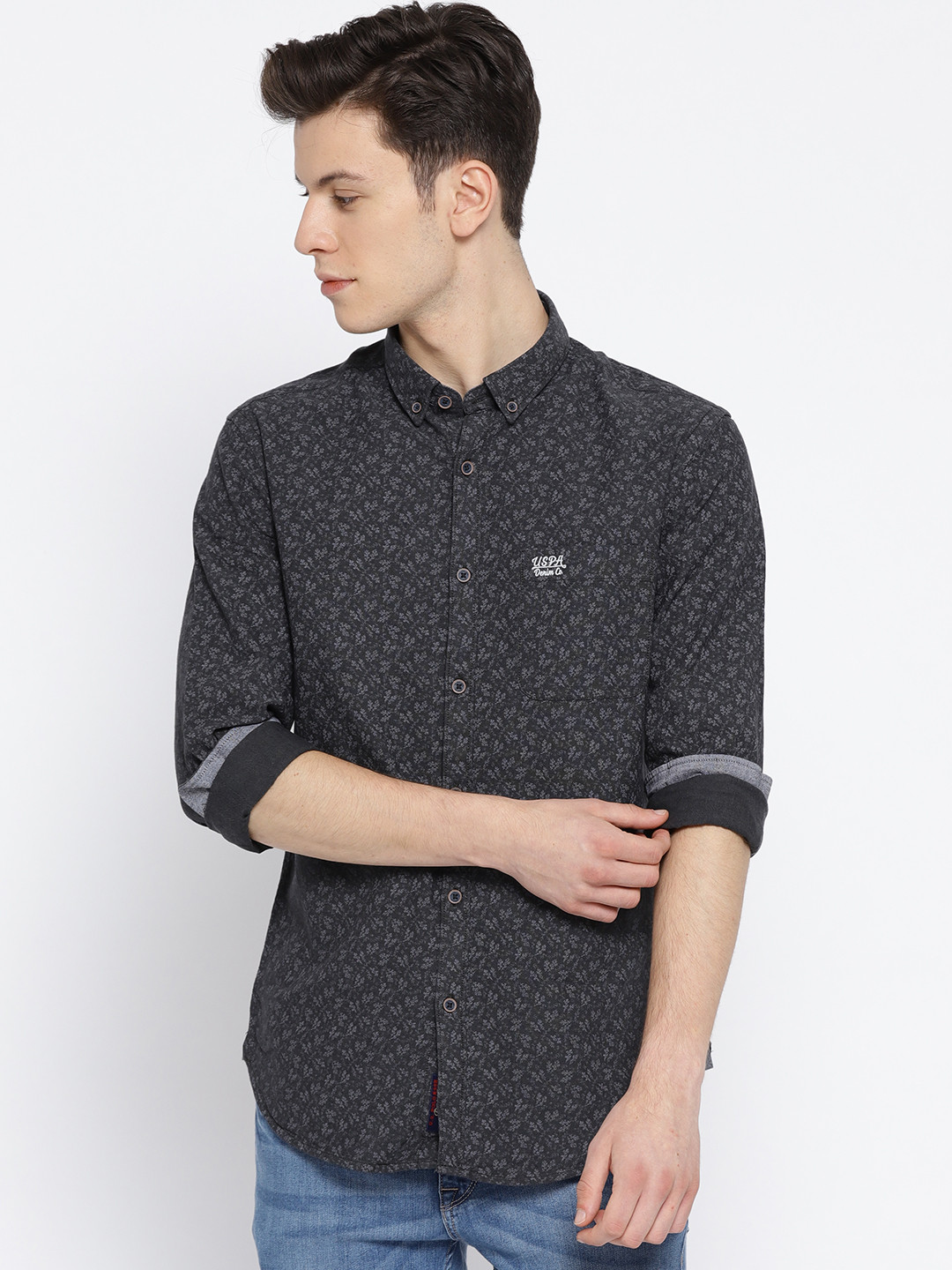 

U.S. Polo Assn. Denim Co. Men Charcoal Grey Regular Fit Printed Casual Shirt