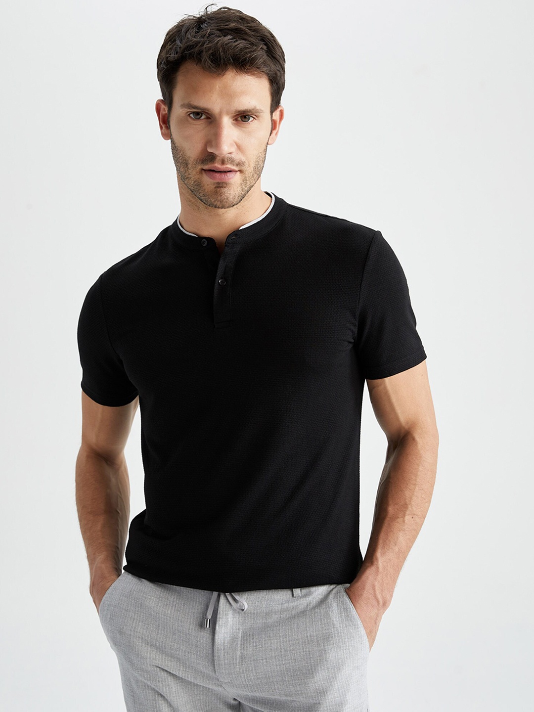 

DeFacto Band Collar Short Sleeves Cotton T-shirt, Black