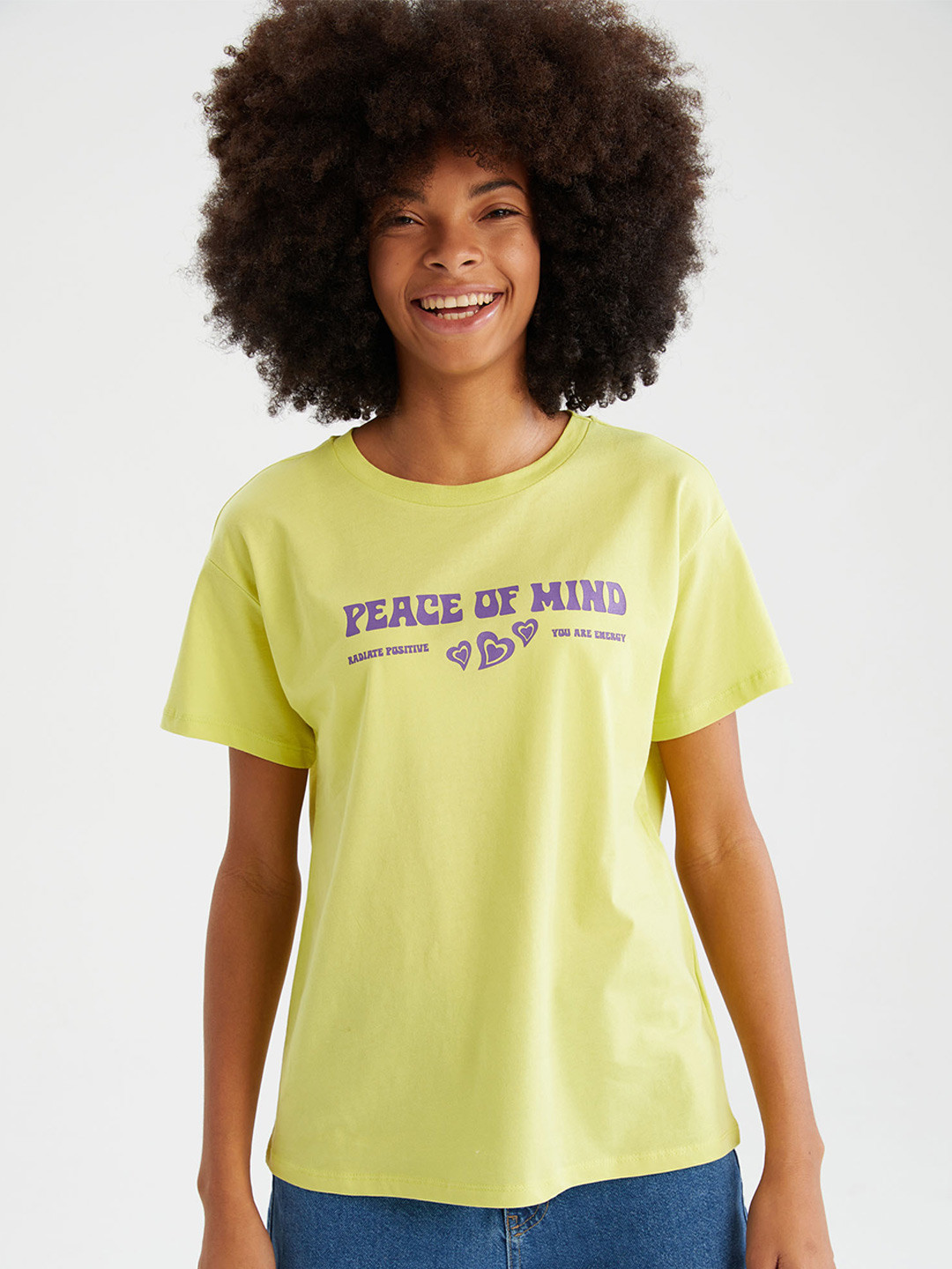 

DeFacto Typography Printed Drop-Shoulder Sleeve Pure Cotton T-shirt, Green