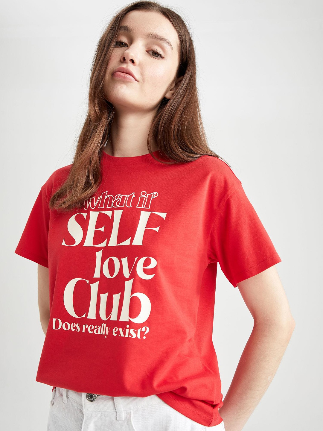 

DeFacto Typography Printed Drop-Shoulder Sleeve Pure Cotton Relaxed Fit T-shirt, Red