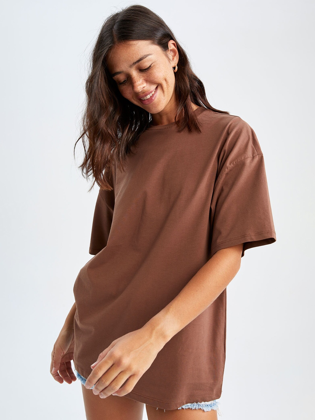 

DeFacto Drop-Shoulder Sleeves Pure Cotton Loose T-shirt, Brown