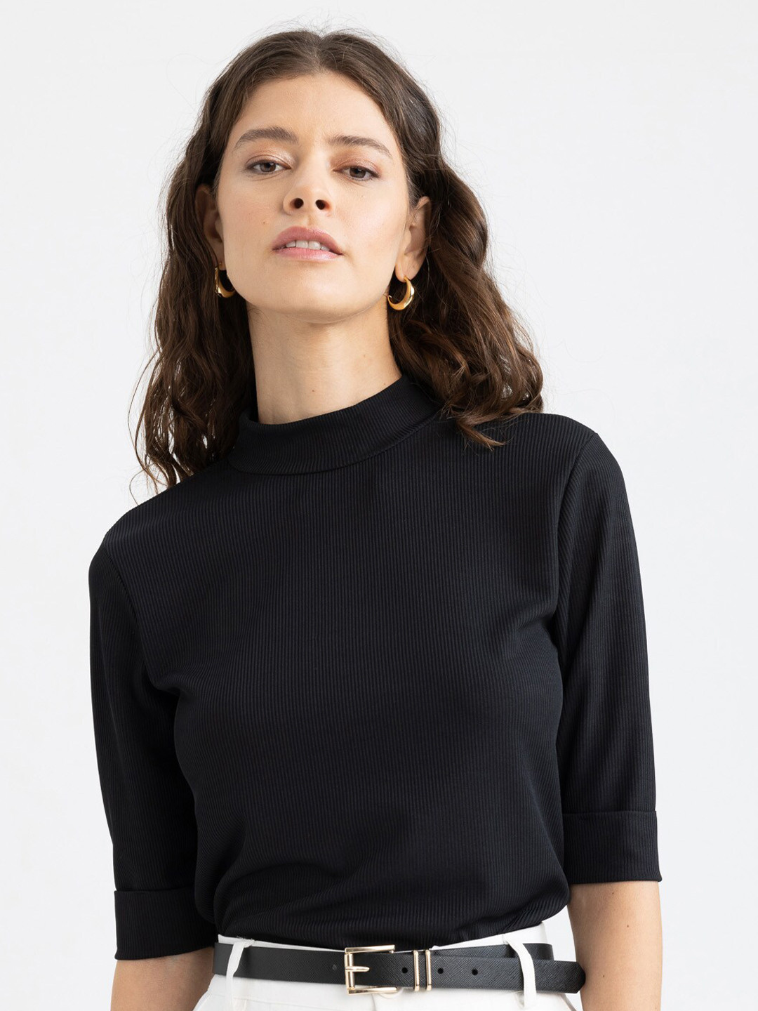 

DeFacto Women High Neck Cotton T-shirt, Black