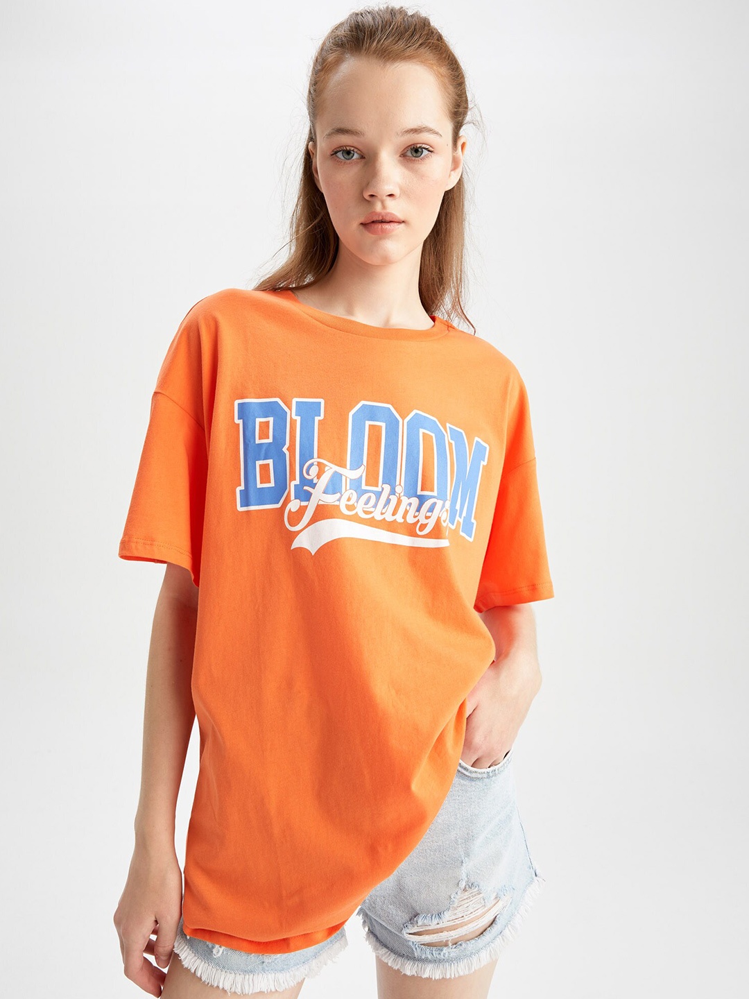

DeFacto Typography Printed Drop-Shoulder Sleeves Pure Cotton Loose T-shirt, Orange