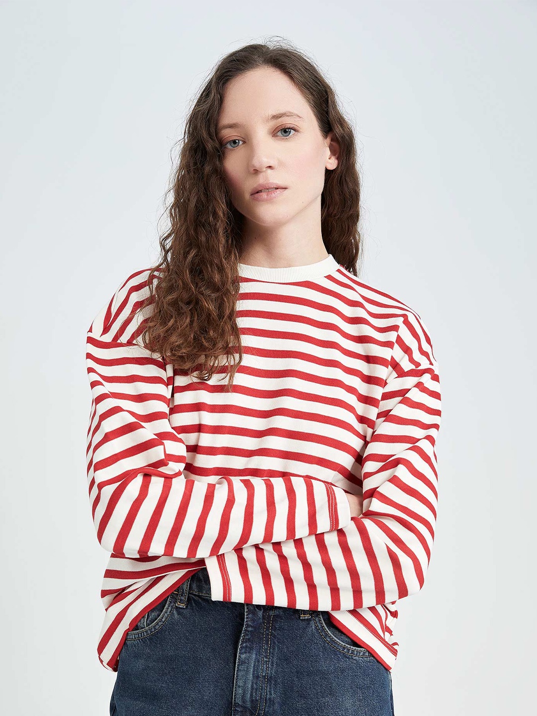 

DeFacto Striped Drop-Shoulder Long Sleeves T-shirt, Red