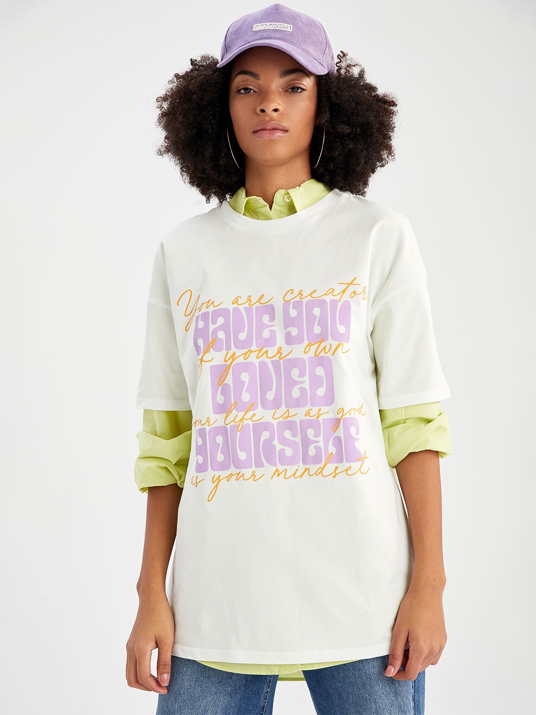 

DeFacto Typography Printed Drop-Shoulder Sleeves Pure Cotton T-shirt, Off white