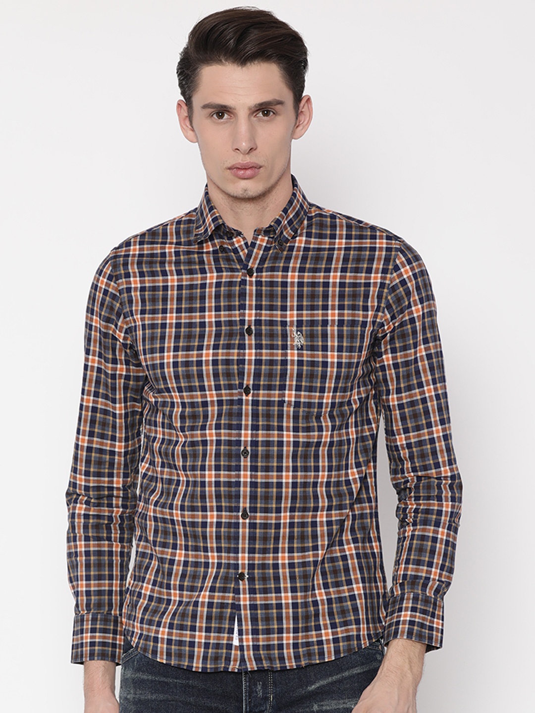 

U.S. Polo Assn. Men Navy Blue & Orange Tailored Fit Checked Casual Shirt