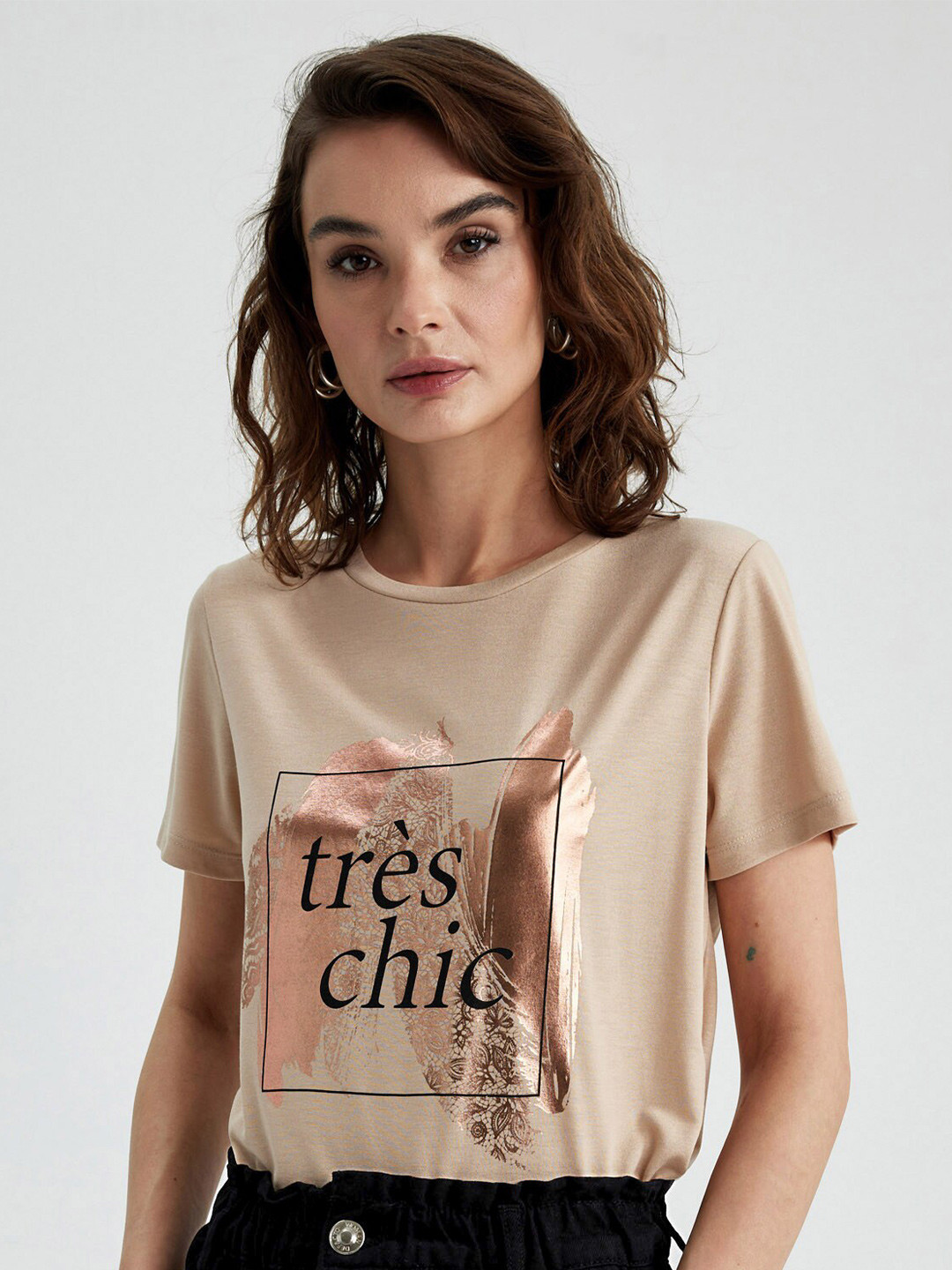 

DeFacto Typography Printed Cotton T-shirt, Beige