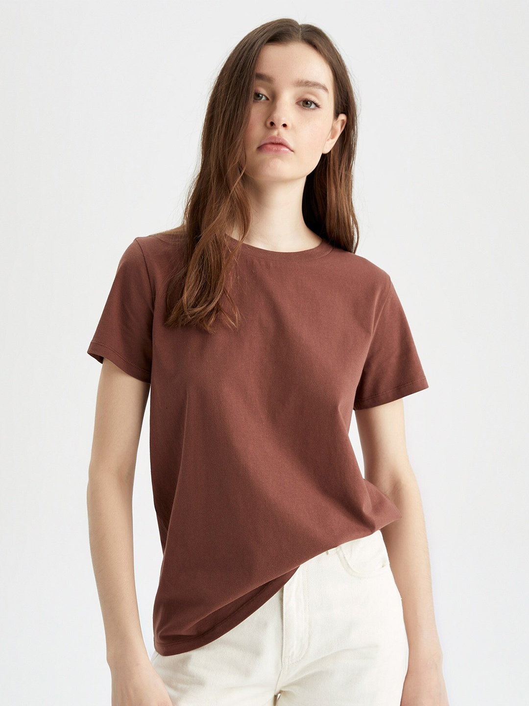 

DeFacto Round Neck Pure Cotton T-shirt, Brown