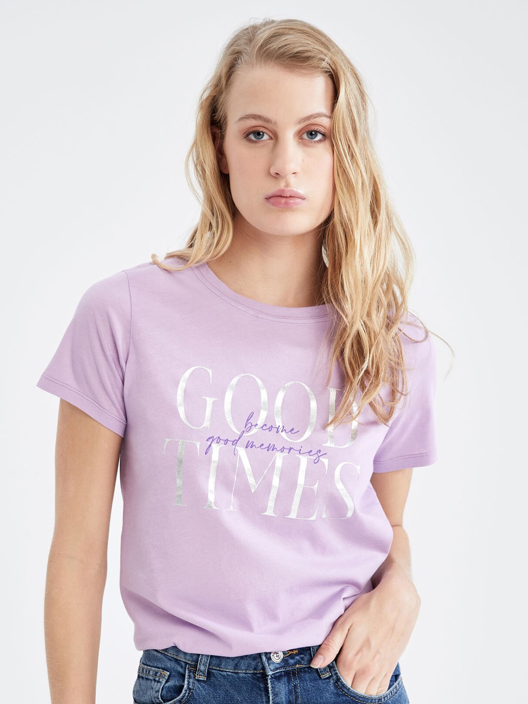 

DeFacto Typography Printed Pure Cotton T-shirt, Lavender