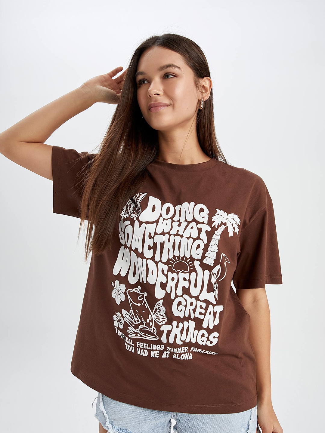 

DeFacto Typography Printed Drop Shoulder Pure Cotton Loose Fit T-shirt, Brown