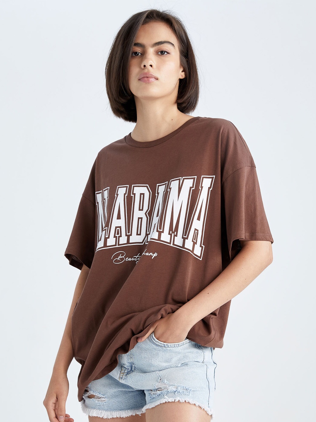 

DeFacto Typography Printed Pure Cotton T-shirt, Brown