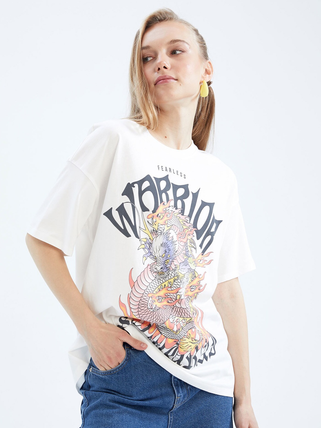 

DeFacto Graphic Printed Pure Cotton T-shirt, Off white