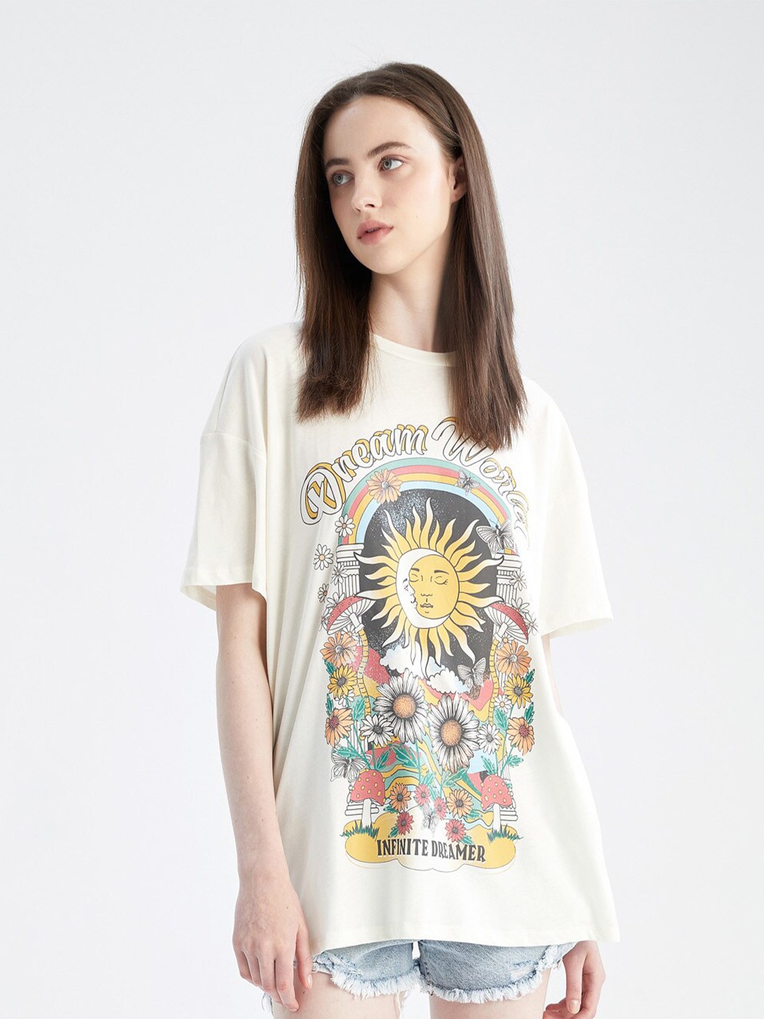 

DeFacto Floral Printed Drop-Shoulder Sleeves Pure Cotton Loose T-shirt, Off white