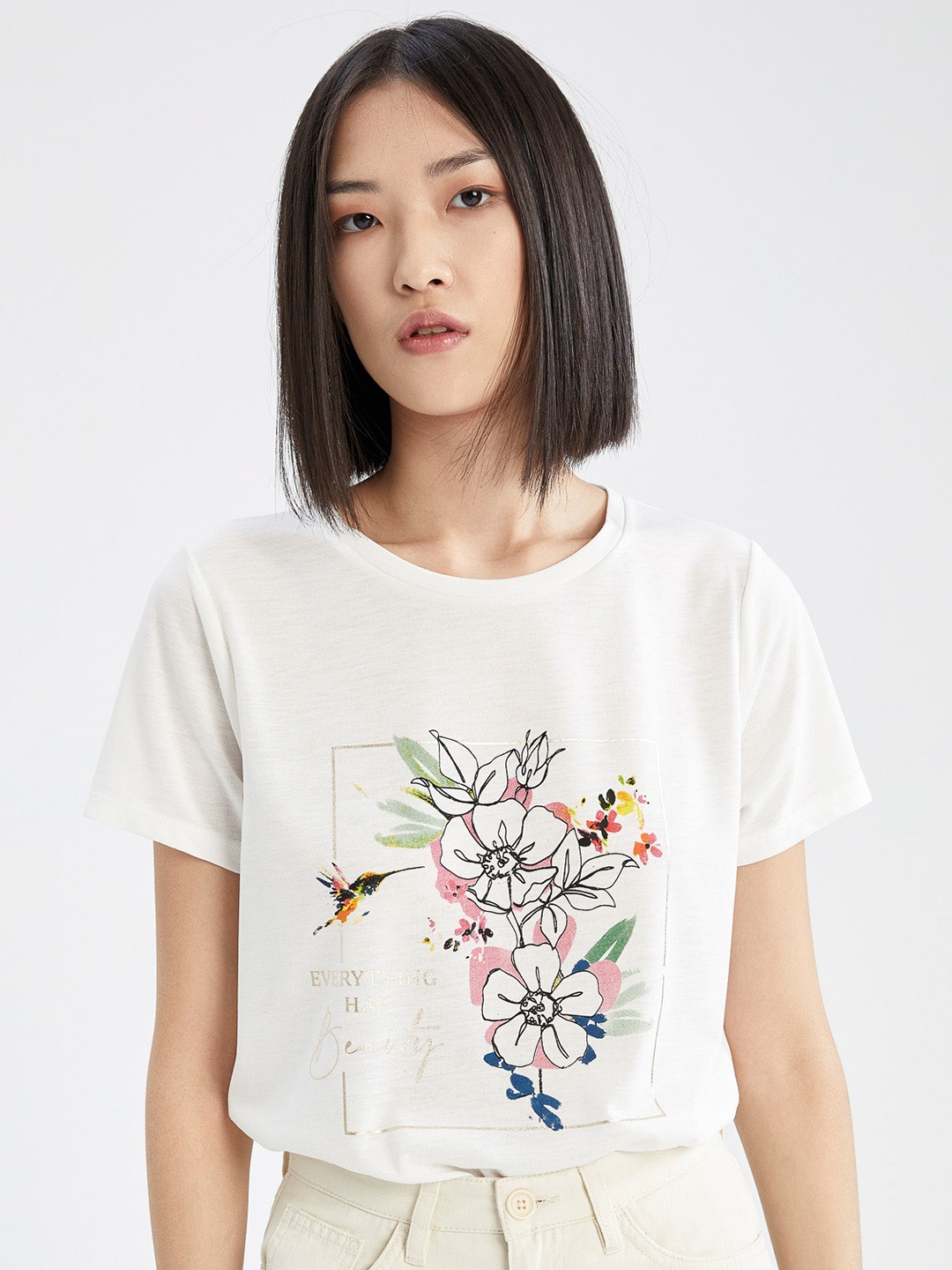 

DeFacto Floral Printed Cotton T-shirt, Off white