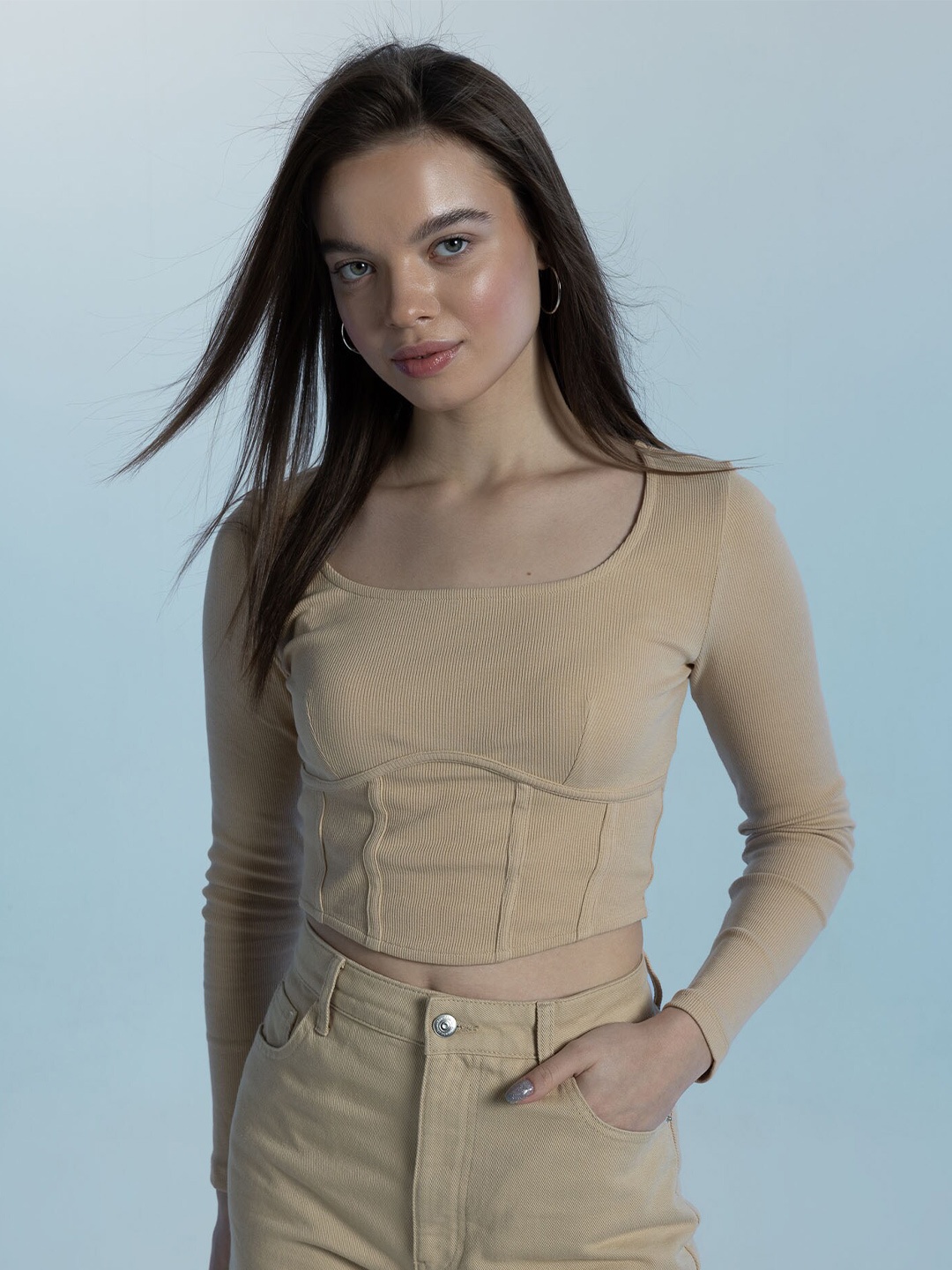 

DeFacto Scoop Neck Long Sleeves T-shirt, Beige