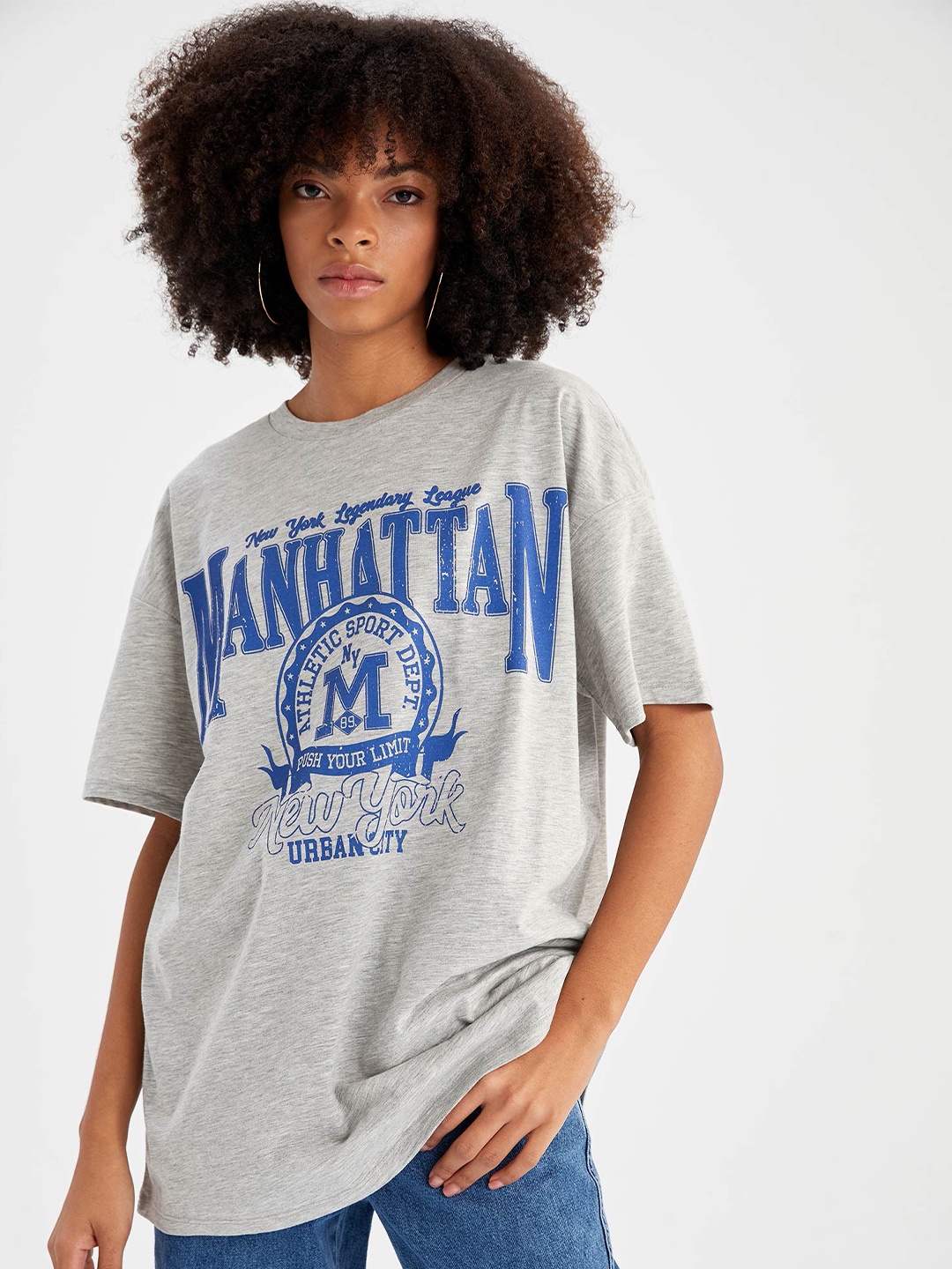 

DeFacto Typography Printed Drop-Shoulder Sleeves T-shirt, Grey
