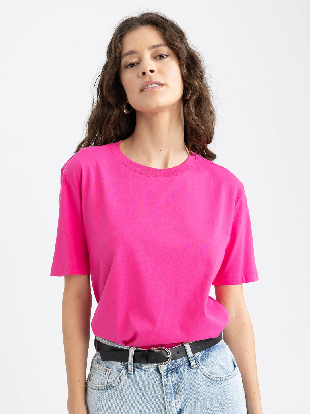 

DeFacto Round Neck Drop-Shoulder Pure Cotton T-shirt, Pink